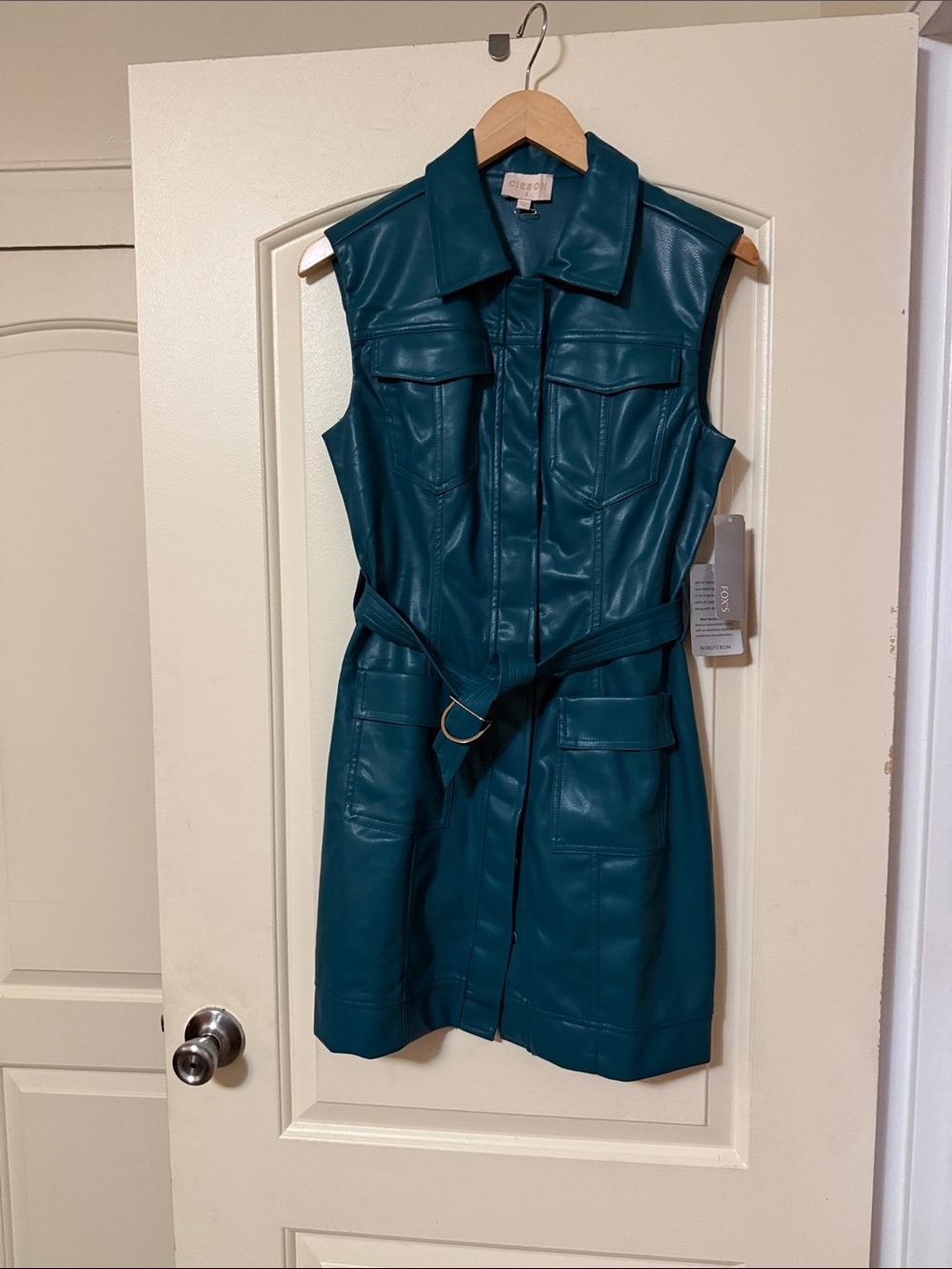 Teal Faux-Leather Sleeveless Mini Shirt Dress